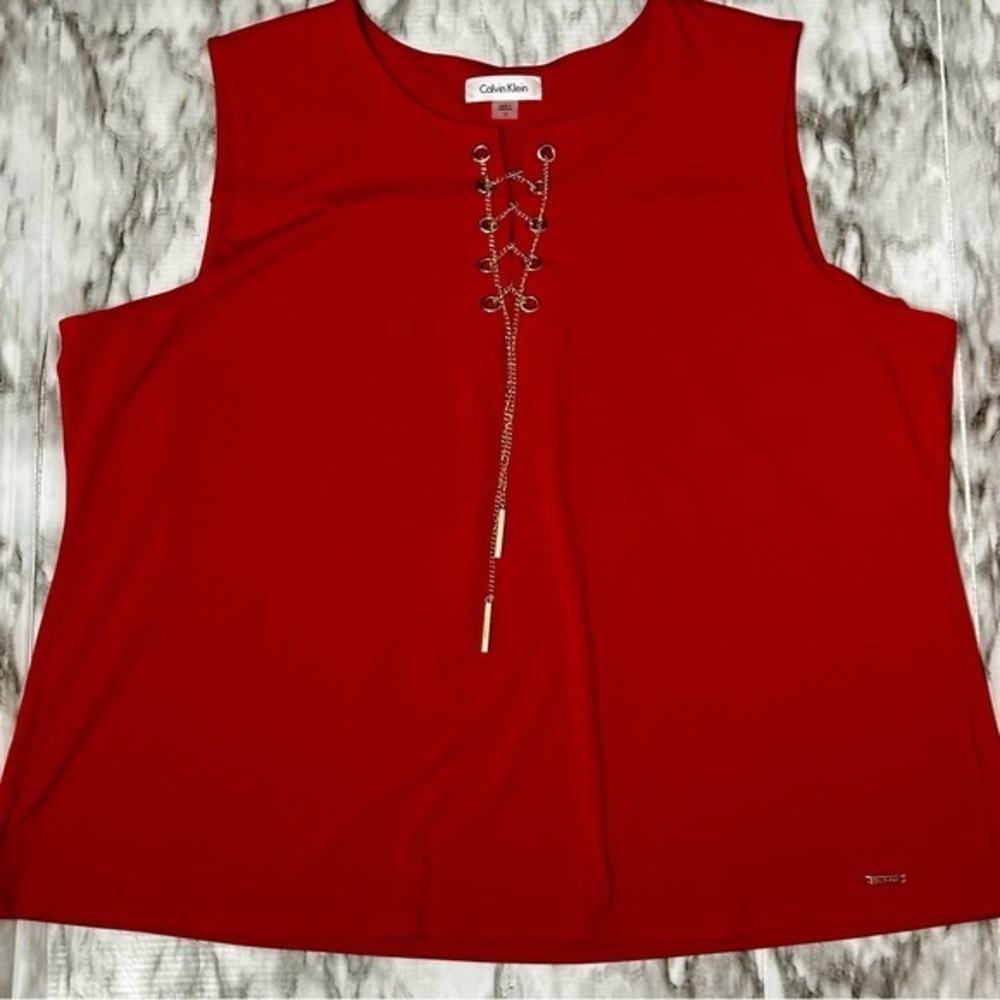 Calvin Klein Red Sleeveless Tank Top with Golden Metal Lace-Up Detail Sultry Fun
